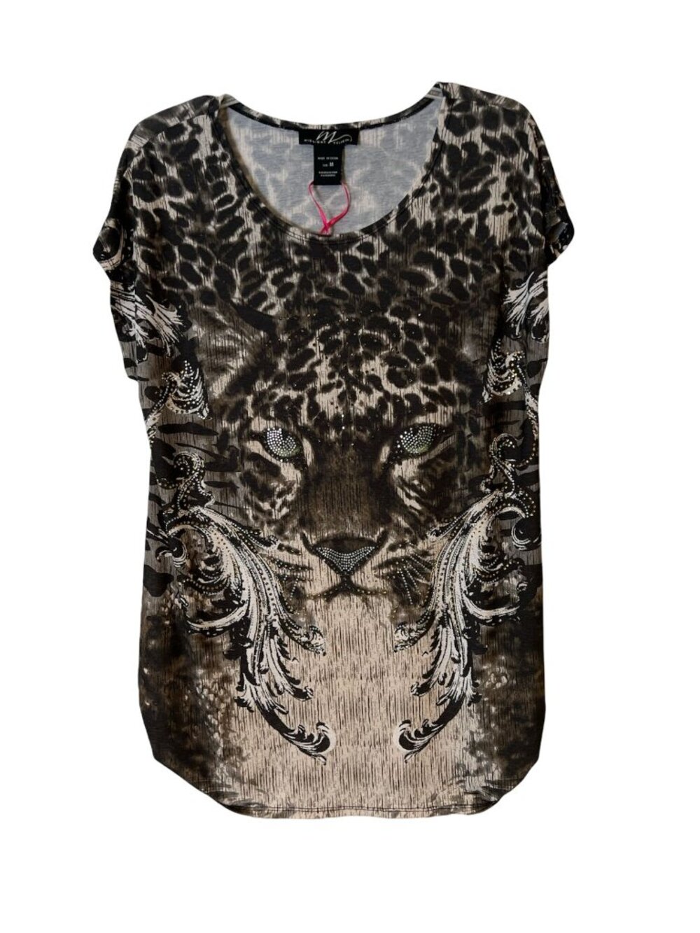 Tunic Blouse Tiger Gems Size Medium Short Sleeve Animal Print Stretch